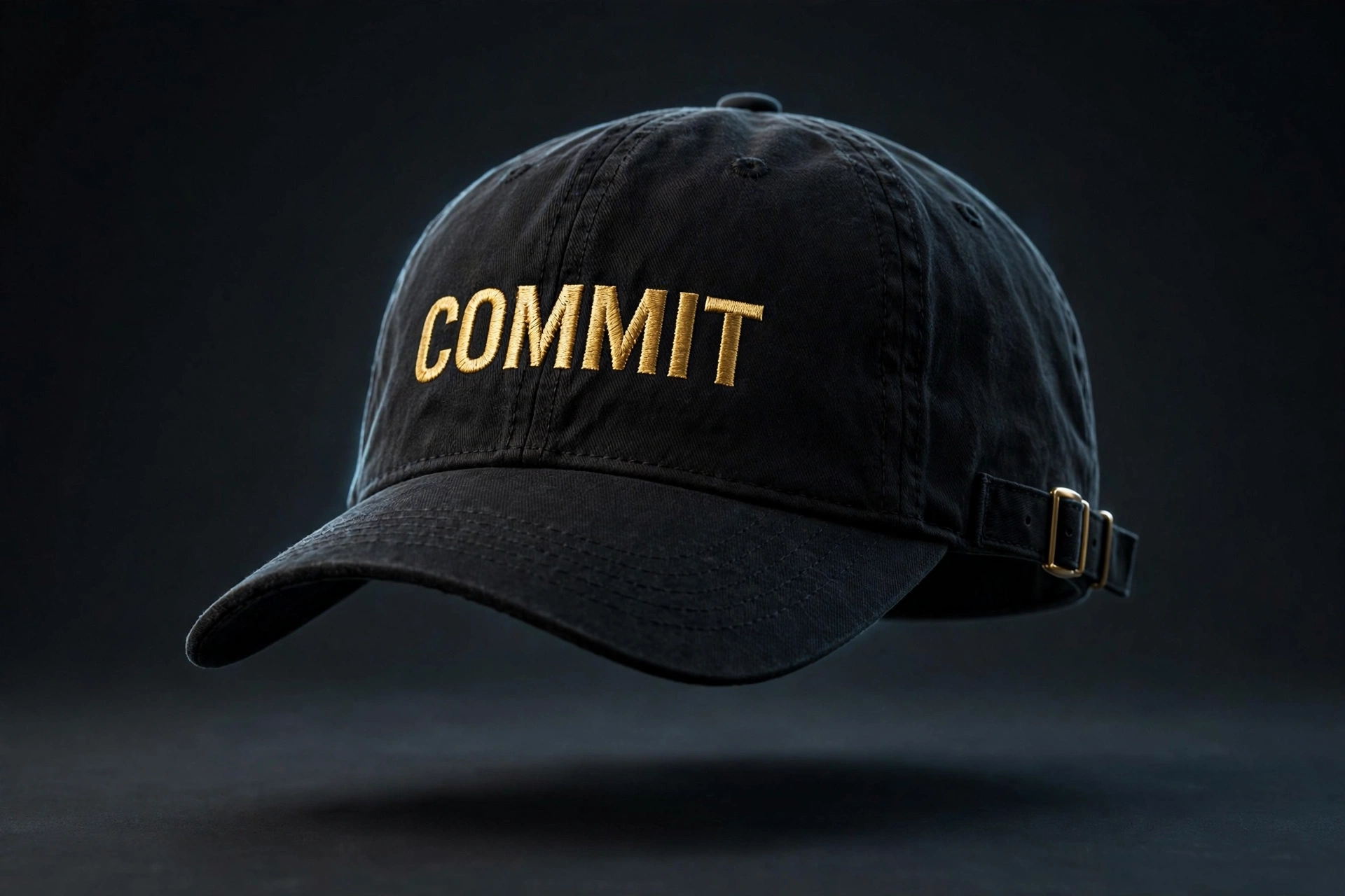 Black dad hat with COMMIT embroidered in gold on the front